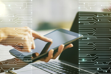 Poster - Creative abstract micro chip hologram and finger presses on a digital tablet on background, artificial intelligence and machine learning concept. Multi exposure