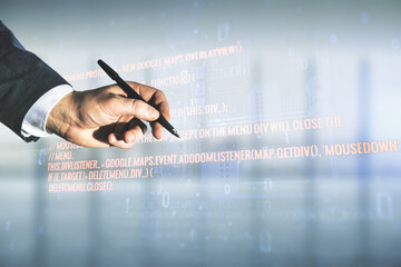 Poster - Man hand with pen working with abstract virtual coding illustration on blurred office background, software development concept. Multiexposure