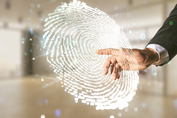 Aufkleber - Multi exposure of developer's hand clicks on virtual graphic fingerprint sketch on blurred office background, fingerprint scan data concept