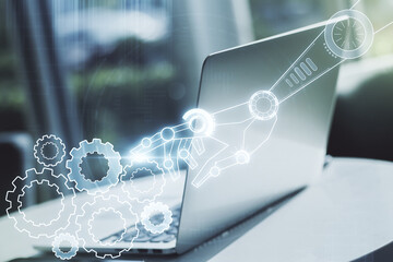 Poster - Double exposure of robotics technology hologram on laptop background. Research and development software concept