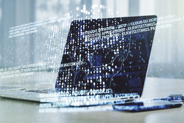 Poster - Double exposure of creative code skull hologram on laptop background. Malware and cyber crime concept