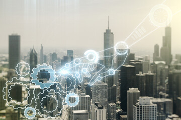 Aufkleber - Abstract virtual robotics technology sketch on Chicago office buildings background, future technology and AI concept. Double exposure