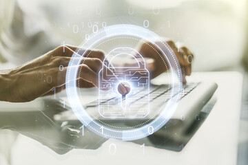 Poster - Creative lock illustration with microcircuit and hands typing on computer keyboard on background, cyber security concept. Multiexposure