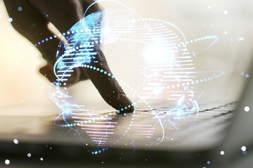 Aufkleber - Abstract graphic digital world map with connections and hands typing on computer keyboard on background, globalization concept. Multiexposure
