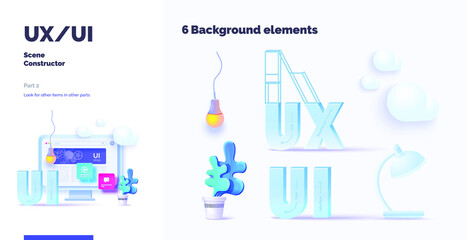 Wall Mural - 3d toolkit-UI UX scene creator. Part 2 Application design. Smartphone and desktop mockup with active blocks and connections. Creation of the user interface. Modern vector illustration 3d style