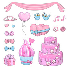 Cute Cartoon Set Of Wedding Elements: Cake, Gift, Bow, Bird, Balloon, Flower, Hearts, Cupcake, Tiara, Music Note. Vector Illustration Isolated On White Background.
