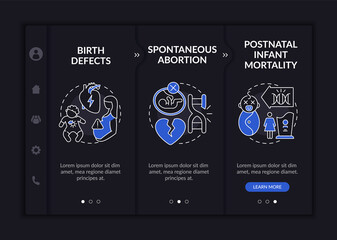 Wall Mural - Genetic defects onboarding vector template. Responsive mobile website with icons. Web page walkthrough 3 step screens. Childbirth health issues dark theme concept with linear illustrations