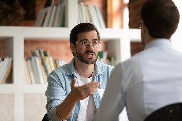 Poster - Hr manager employer asking questions to candidate on job interview, holding resume, confident business partners discussing project strategy, sharing ideas, team leader giving instructions to intern