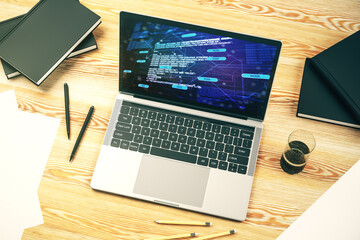 Poster - Modern computer monitor with abstract programming language, research and development concept. 3D Rendering