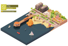 Vector Isometric Beach Pier And Amusement Park. Sandy Beach With Inflatable Water Slides And Umbrellas, Playground And Skating Park