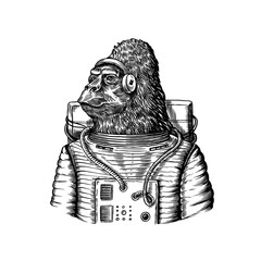 gorilla astronaut character. monkey spaceman cosmonaut. fashionable animal, vitorian gentleman in a 