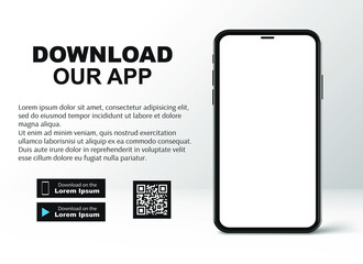 Download page of the mobile app. Empty screen smartphone for you apps. Download our new app ,Mobile App. Load buttons. Download our App, background. Banner Page of the mobile application