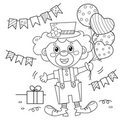 Coloring Page Outline of cartoon circus clown with balloons and gifts. Birthday. Coloring Book for kids.