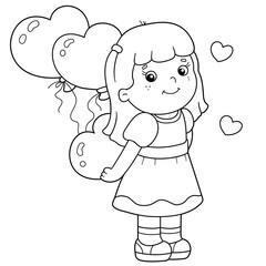 Sticker - Coloring Page Outline of cartoon girl with heart and balloons. Valentine's day. Coloring Book for kids.