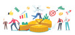 Profit Share Concept. Tiny Businessmen or Businesswomen Characters Stand at Huge Pie Chart Showing Partners Money Shares