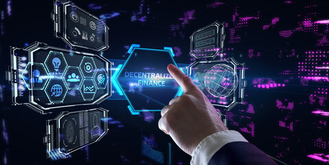 defi -decentralized finance on dark blue abstract polygonal background. concept of blockchain, decen