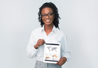 Aufkleber - African american woman showing digital tablet with financial application