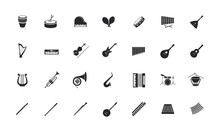 Icon Set Of Musical Instruments. Drum Section, Wind Instruments, Strings, Percussion.