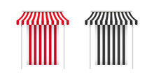 Red And Black Awnings. Striped Awning. Tent Sun Shade For Market On White Background. Vector Illustration
