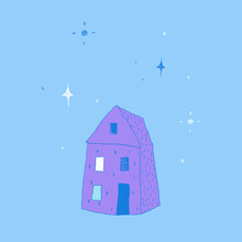 Purple House On A Blue Background. Vector Illustration