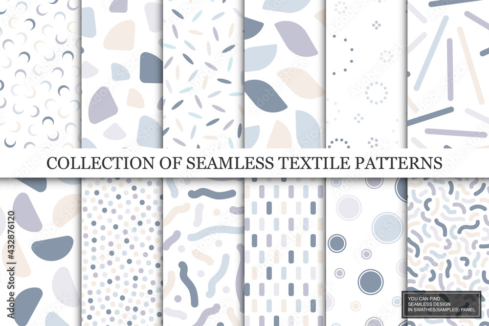 Collection of vector seamless colorful patterns. Trendy delicate textile design. Simple unusual prints. You can find repeatable backgrounds in swatches panel - obrazy, fototapety, plakaty 