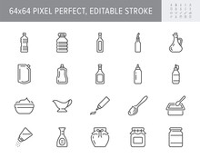 Sauces Line Icons. Vector Illustration Include Icon - Jug, Cup, Vinegar, Mayonnaise, Ketchup, Sour Cream, Cheese Sauce, Outline Pictogram For Food Spice. 64x64 Pixel Perfect, Editable Stroke