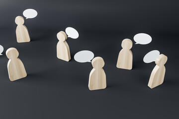 Poster - Wooden figures with speech clouds on a dark background. Social network and communication concept, 3d rendering