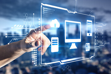 Poster - Hand touching a hologram desktop with different icons in it and city view in the background. Big data and technology concept