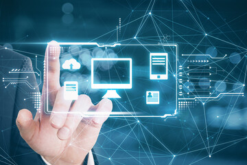 Poster - Hand touching a hologram desktop with different icons in it. Big data and technology concept
