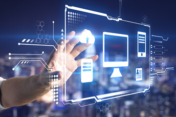 Poster - Hand touching a hologram desktop with different icons in it and night city view in the background. Big data and technology concept