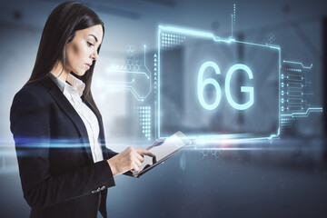 Poster - Fast connection network concept with businesswoman working on digital tablet on 6g digital symbol background.