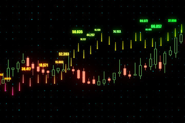 Poster - Global investing concept with digital financial chart graphs and rising candlestick on abstract dark background.