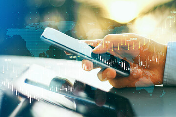 Poster - Tracking business transactions man by smartphone and digital tablet and virtual screen with glowing rising financial graphs, stock market analysis concept. Double exposure.