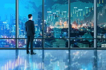 Aufkleber - International investing concept buisnessman in high floor office looking at digital screen with world map and financial chart graphs on night city background. Double exposure.