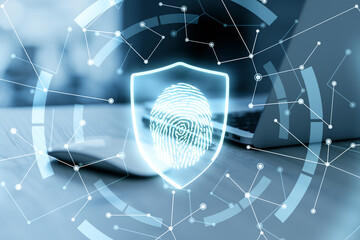Aufkleber - Personal data security concept with digital fingerprint in shield and chaotically located lines with dots on abstract background with laptop and computer mouse. Double exposure.