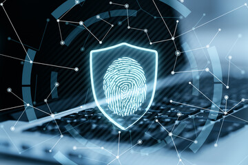 Aufkleber - Biometrical security concept with glowing digital fingerprint in shield on laptop keyboard background. Double exposure.