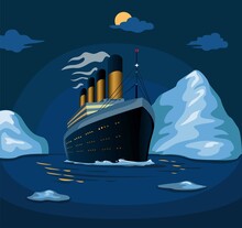 Titanic Cruise Ship Sail In Sea Iceberg In Night Scene Illustration In Cartoon Vector
