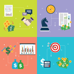 Sticker - Business, finance, investment, strategy, growth and profits icons. Concepts of business finance, investment and strategy, financial chart, growth and profits. Flat design icons in vector illustration.