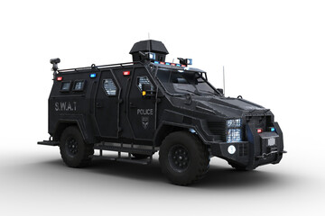 Poster - 3D rendering of an armoured police SWAT vehicle with lights on isolated on white.