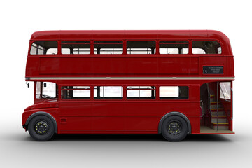 Poster - Side view 3D rendering of a vintage red double decker London bus isolated on white.