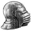 Knight's helmet. Hand drawn engraving. Editable vector vintage illustration. Isolated on white background. 8 EPS