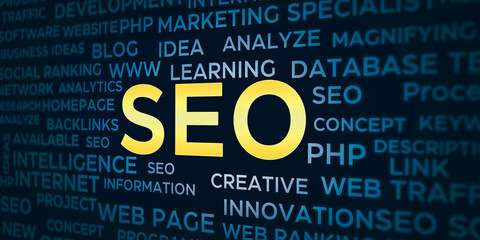 Poster - Modern SEO Abstract Background Typography concept with keywords collage. New SEO backdrop wallpaper