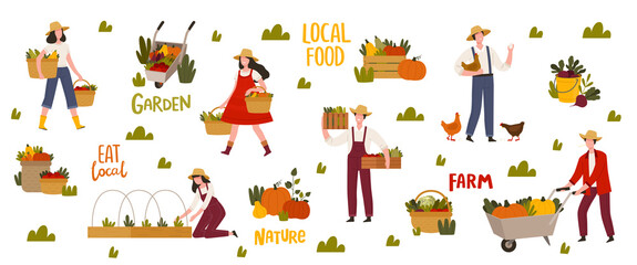 Sticker - Local Organic Food Production with Farmers Growing Crops and Harvesting Vector Set