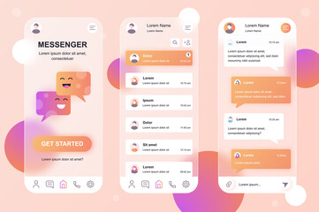 Aufkleber - Messenger neumorphic elements kit for mobile app. Chat list, incoming message, online correspondence, communication. UI, UX, GUI screens set. Vector illustration of templates in glassmorphic design