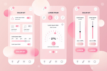 Poster - Smart home neumorphic elements kit for mobile app. Settings for light sensors, heating, temperature, remote control. UI, UX, GUI screens set. Vector illustration of templates in glassmorphic design