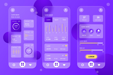 Fototapete - Health Tracking neumorphic elements kit for mobile app. Body indicators, sports activities, calories, personal data. UI, UX, GUI screens set. Vector illustration of templates in glassmorphic design