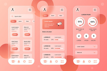 Aufkleber - Online learning neumorphic elements kit for mobile app. Courses list, lessons rating, study progress, online education. UI, UX, GUI screens set. Vector illustration of templates in glassmorphic design