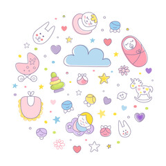 Sticker - Cute Baby Care Template with Circle Arrangement Vector Illustration