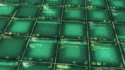 Aufkleber - Abstract futuristic background with a complex hacking computer code, seamless loop. Animation. Rows of square shaped screens with lines of code.
