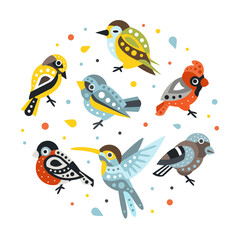 Wall Mural - cute birds set, cute small birdies in circular shape cartoon vector illustration